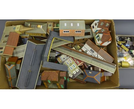 '00' gauge - large quantity of kit-built cardboard layout buildings including station, engine shed, commercial and residentia