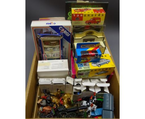 Various toys including, Britains and other die-cast figures, boxed die-cast vehicles by Lledo and Corgi, collectors reference