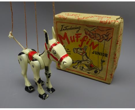 Lesney Moko die-cast Muffin the Mule puppet entitled 'Introducing Muffin Junior', 1950s, in original box with decorative lid 