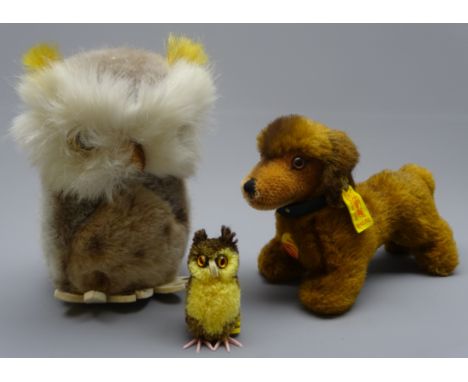 Three Steiff soft toys as a large owl No.2625/15 H17cm, small owl No.7480/06 and dog called Hexie No.4142/12 (3) Condition Re