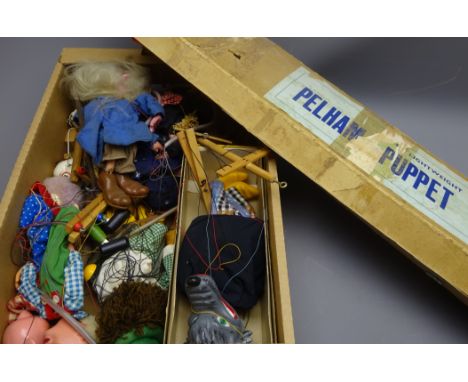 Collection of Pelham puppets including Wolf, in original box, Witch, Old Man, Skeleton, Policeman and others with a Pelham Pu