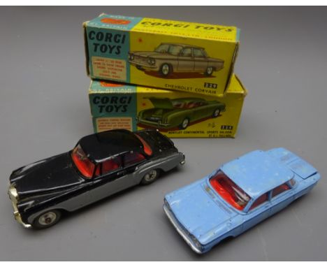 Corgi - chevrolet Corvair No.229, boxed and bentley Continental Sports Saloon by H.J.Mulliner No.224, boxed but all end flaps