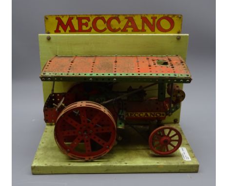 Meccano counter top shop display model as a stationary traction engine constructed in red and green sections powered by Fracm