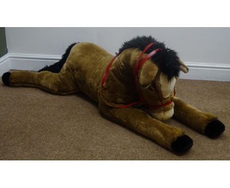 Large Steiff horse with dark brown plush covered body, black mane, tail and hoofs and leather bridle, button tag in ear, L88c