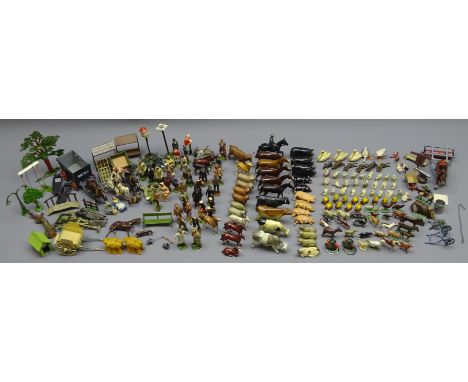 Quantity of farmyard die-cast figures and animals by Britains, J.Hill & Co etc including horses, cattle, sheep, pigs, farmyar