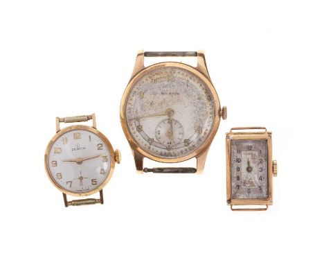 THREE WATCH FACES, comprising Zenith and two others, each cased in nine carat goldEach ticking at present. Two heavily worn, 