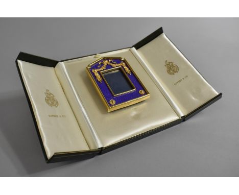 A Boxed Kitney and Co. Gilt Metal and Blue Guilloche Enamel Photo Frame, 7x9cm high 