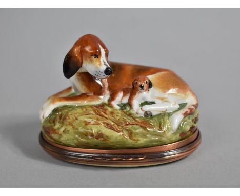 A Halcyon Days Enamel Bonbonniere, Modelled as a Hound and Pup, 8cm long 