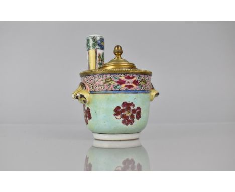 An Interesting 19th Century Porcelain French Inkwell Having Scrolled Twin Handles and Enamelled Decoration in the Chinese Fam