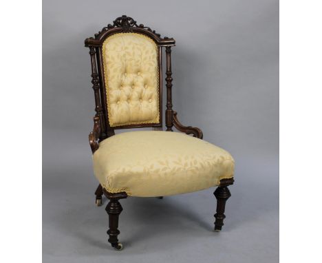 A Pretty Late Victorian Walnut Framed Ladies Nursing Chair with Buttoned Back Panel 