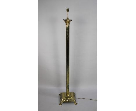 A Mid 20th Century Brass Standard Lamp in the Form of a Reeded Corinthian Column on Stepped Square Base with Four Claw Feet 