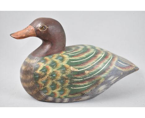 A Vintage Carved Wooden Hand Painted Decoy Duck, Glass Eyes, 26cms Long 