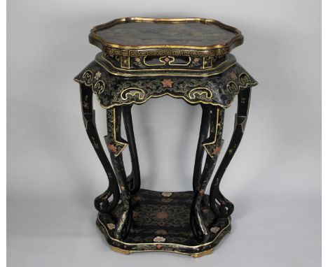 A Chinese Black Lacquer Occasional Tray Top Table on Extended Cabriole Supports with Base Stretcher Shelf, 92cms High