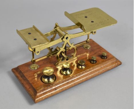 A Set of Vintage Brass Postal Scales on Wooden Rectangular Plinth Base with Graduated Weights, 18cms Wide 