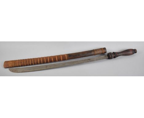 A Vintage Burmese Wooden Handled Sword with Scabbard and Slightly Curved Blade 