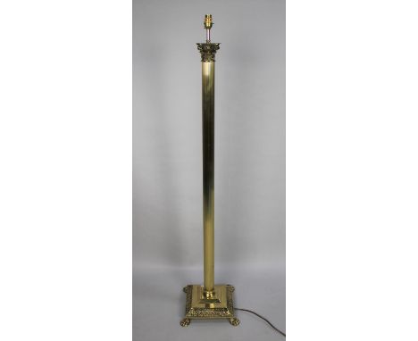 A Mid 20th Century Brass Standard Lamp in the Form of a Reeded Corinthian Column on Stepped Square Base with Four Claw Feet 