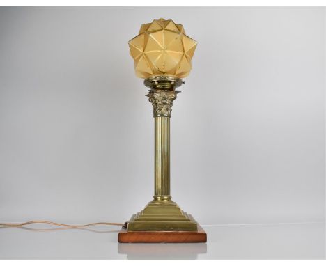 An Early/Mid 20th Century Brass Column Lamp Base of Reeded Form on Stepped Wooden Base with Corinthian Capital Having Glass S