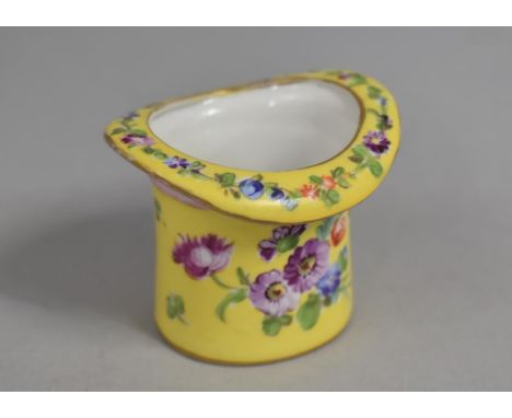 A Novelty Dresden Pot or Match Holder in the Form of a Top Hat, Decorated with Floral Design on Yellow Ground, 5cm high 