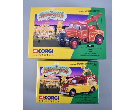 Two Boxed Corgi Classic Showmans Range Vehicles, Scammell Highwayman Crane Set and Morris 1000 Advance Publicity Van Set 