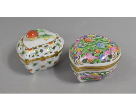 Two Herend Porcelain Pierced Heart Shaped Boxes, to Include First Edition Mulberry Hall 46/500 