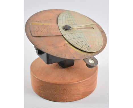 A Vintage Brass and Metal Cole Pattern Sun Compass set on Modern Circular Wooden Plinth, 20cms Diameter 