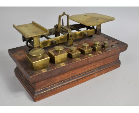 A Set of 19th Century Brass Postage Scales with Incomplete Set of Weights, Mahogany Plinth Base, 25cm by 13cms 