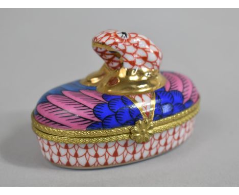 A Porcelain Trinket Box, Probably Herend but unmarked, of Oval Form with Frog Finial, 8cm wide 