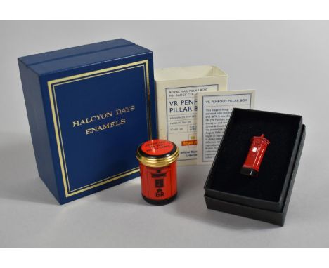 A Boxed Halcyon Days Enamel Trinket Box, Modelled in the form of a Post Box Together with a Boxed VR Penfold Pillar Box Pin B