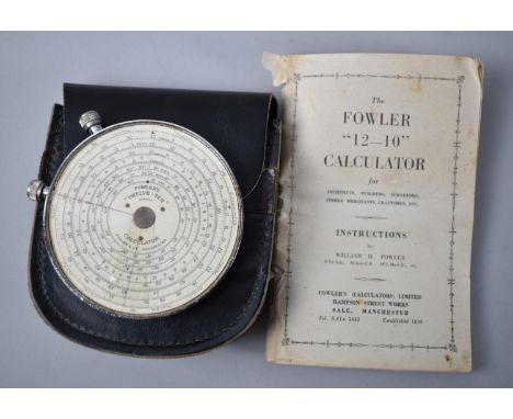 A Vintage Fowler's, 12-10 Calculator in Leather Pouch with Instruction Booklet, 8.5cms Diameter 