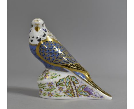 A Royal Crown Derby Paperweight, Violet Budgerigar, Gold Button 