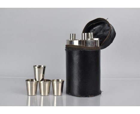 A Mid/Late 20th Century Tin Lined German Cylindrical Flask Set to Comprise Three Flasks and Four Tots Housed in Leather Case 