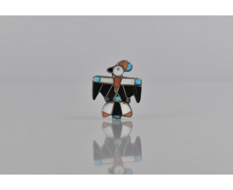 A Vintage Native American Zuni Thunderbird Brooch in Silver, Mounted with Coral, Mother of Pearl, Turquoise and Onyx, Signed 