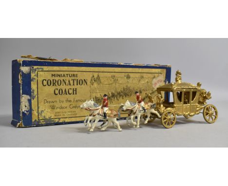 A Boxed Johillco Series Miniature Coronation Coach Drawn by The Famous Windsor Greys, Gilt Coloured Coach with Outriders 