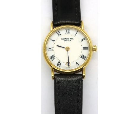 Raymond Weil; ladies 18K gold plated date wristwatch on a leather strap. Requires battery. P&amp;P Group 1 (£14+VAT for the f