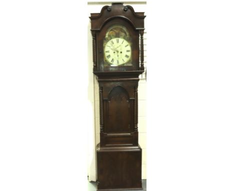 Mahogany cased rolling moon longcase clock with seconds and date dials. Not available for in-house P&amp;P, contact Paul O'He