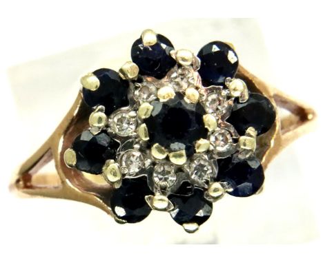 9ct gold diamond and sapphire set cluster ring, size R/S, 2.9g. P&amp;P Group 1 (£14+VAT for the first lot and £1+VAT for sub