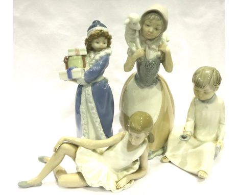 Nao girl with gift boxes, H: 22 cm, with three further Nao figurines (4). Not available for in-house P&amp;P, contact Paul O'