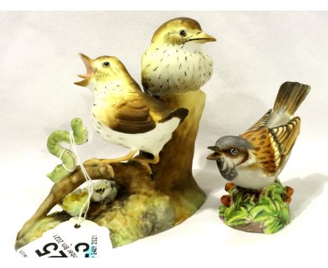 Royal Crown Derby Thrush Chicks with caterpillar and a Royal Worcester Sparrow. P&amp;P Group 2 (£18+VAT for the first lot an