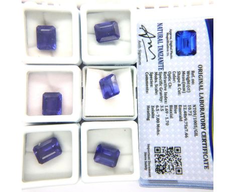 Six loose emerald cut tanzanites the Gemological Institute Laboratory, with certificates. Largest 11.02cts. P&amp;P Group 1 (