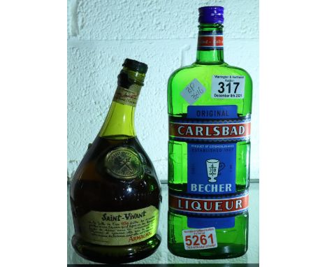 70cl bottle of Saint Vivant Armagnac and a 75cl bottle of Carlsbad liqueur (2). P&amp;P Group 2 (£18+VAT for the first lot an