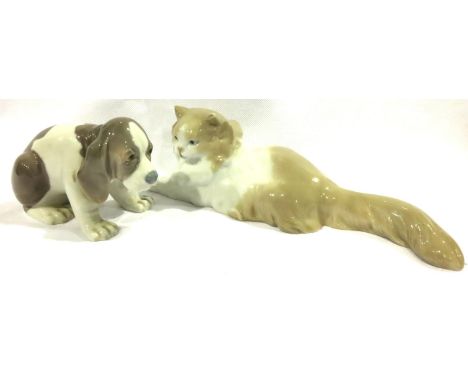 Lladro and Nao dog and cat figurines, largest L: 26 cm (2). Not available for in-house P&amp;P, contact Paul O'Hea at Mailbox