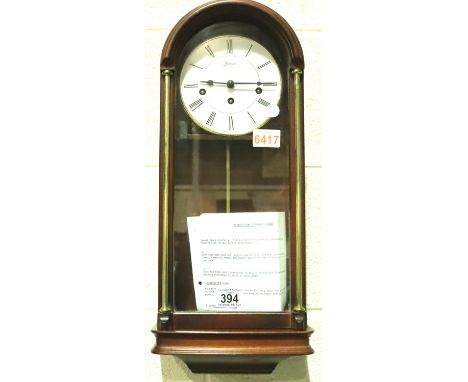 Hermle mahogany cased wall clock with pendulum and key, H: 53 cm, L: 23 cm. Not available for in-house P&amp;P, contact Paul 