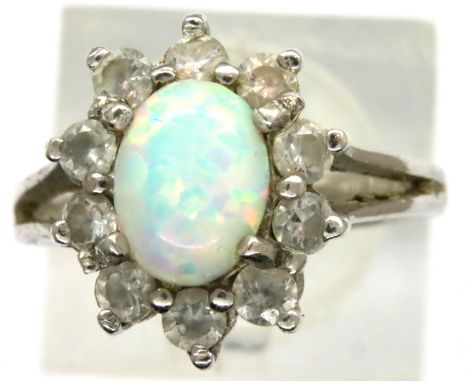 925 silver opal and white stone set ring, size N, 3.6g. P&amp;P Group 1 (£14+VAT for the first lot and £1+VAT for subsequent 