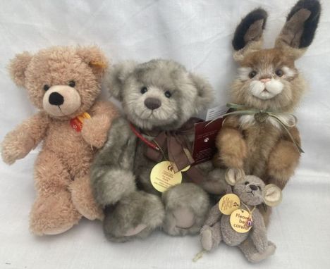 Bears: A collection of assorted Charlie Bears ‘Katie’ and ‘Chick Pea’ with Bag Buddy ‘Mo’, together with Steiff ‘Flynn’. All 