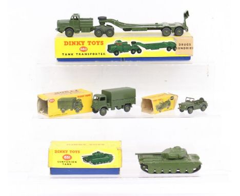 Dinky: A collection of four boxed Dinky assorted military vehicles to comprise: Tank Transporter 660, Centurion Tank 651, Arm