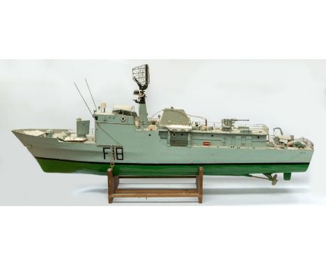 Boat: A large scale model boat, mid-20th century, remote-control model. Named 'Keta' with F18 livery. In grey and green two-t