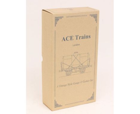 ACE Trains: A boxed ACE Trains, O Gauge, Tanker Set 1, 'Esso, Mobiloil and Lubricating Oil for ACE Trains'. Original box with