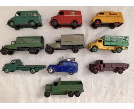 Dinky: A collection of unboxed Dinky Toys commercial vehicles to include: Trojan Chivers and Esso, Bedford Kodak, covered wag