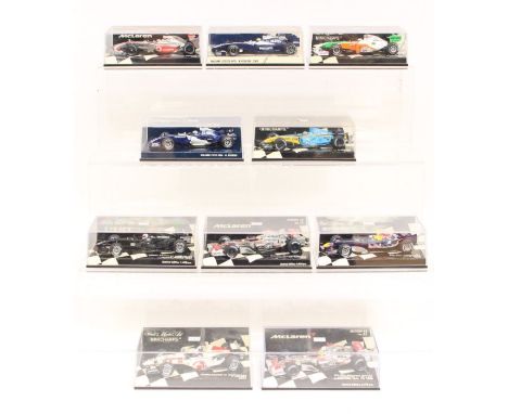 Minichamps: A collection of ten cased Paul's Model Art Minichamps 1:43 Formula 1 and other race vehicles of varying design. S