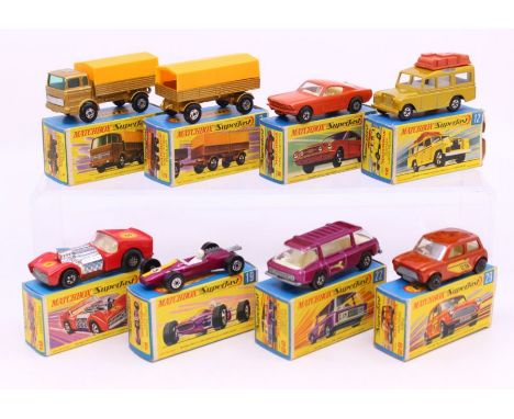 Matchbox: A collection of eight assorted boxed Matchbox 75 Series vehicles to comprise: Mercedes Truck 1, Mercedes Trailer 2,